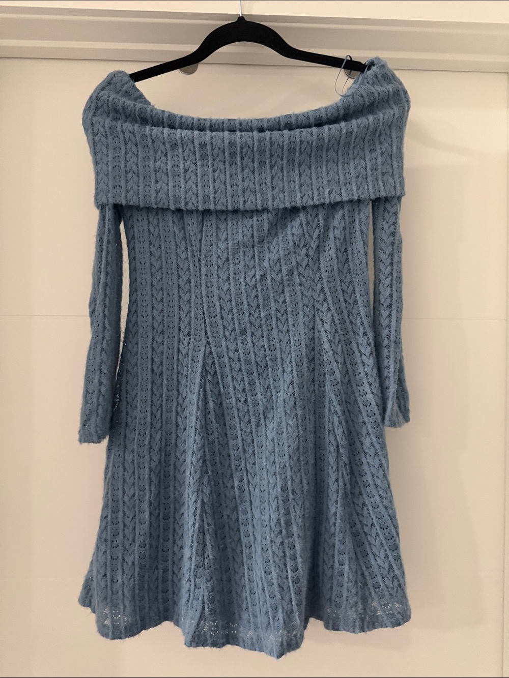 Fashion Nova Light Blue Off-Shoulder Cable Knit Mini Dress